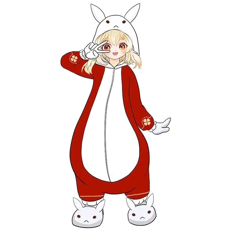 

Hot Game Genshin Impact Klee Cosplay Costumes Winter Warm Flannel Jumpsuit Rabbit Ear Red One-Piece Sleepwear For Adults