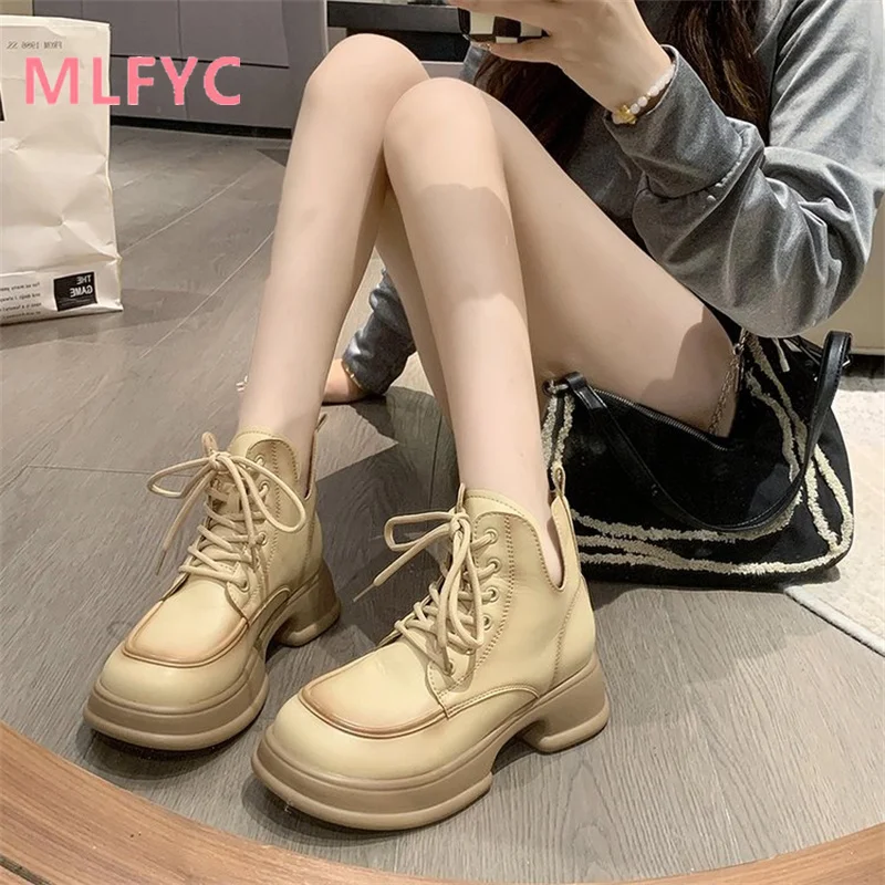 Thick Heel Thick Sole Short Boots for ladies Spring and Autumn New Fashion British Style Lace up Boots for Women's Short Boots