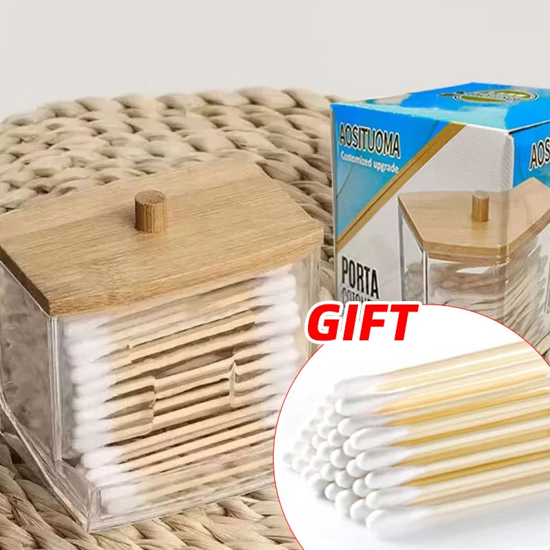 1pc7 Oz Cotton Swab Pads Holder Organize And Store Cotton Buds With Wood Lids For Bathroom And Apothecary Jars