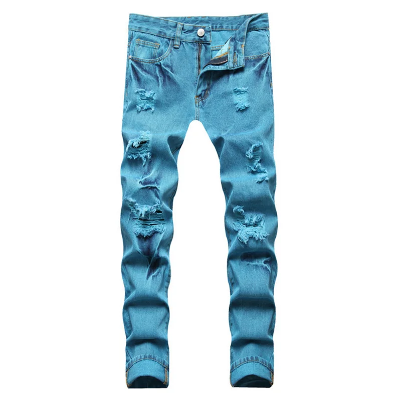 

Men's Y2K Ripped Denim Jeans Trendy Holes Distressed Turquoise Blue Straight Pants Casual Plus Size Long Trousers