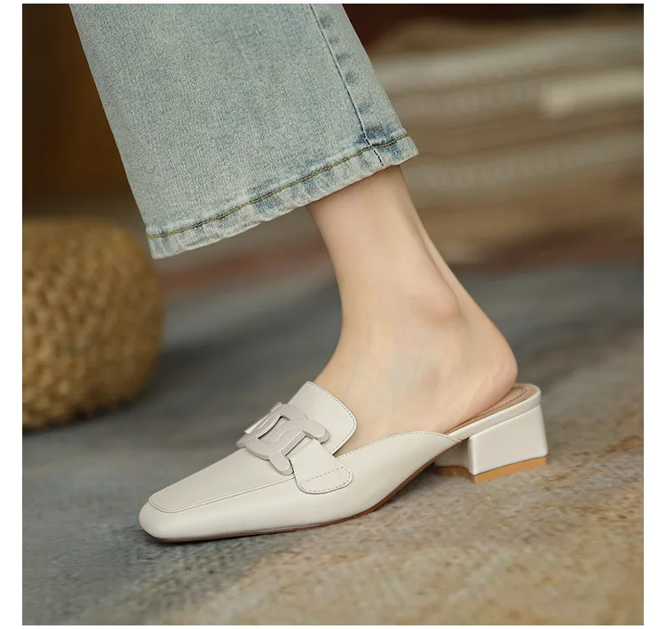 2024 sommer Retro Semi-drag Loafers Kette Frau frauen Med-absätzen Runde Kopf Gold Kette Geschlossene Zehe casual Schuhe – Detail 3