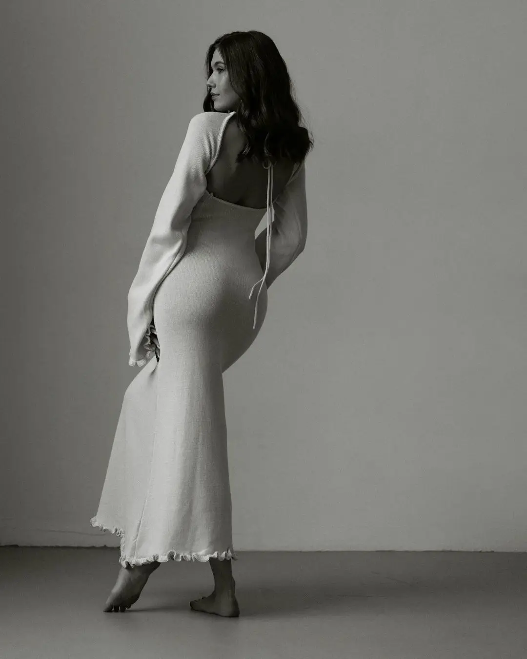 Ruffled Backless Knit Dress Solid Female Casual Lace-Up High Waist Long Sleeve Maxi Dress Knitwear Bandage Fashion Dress