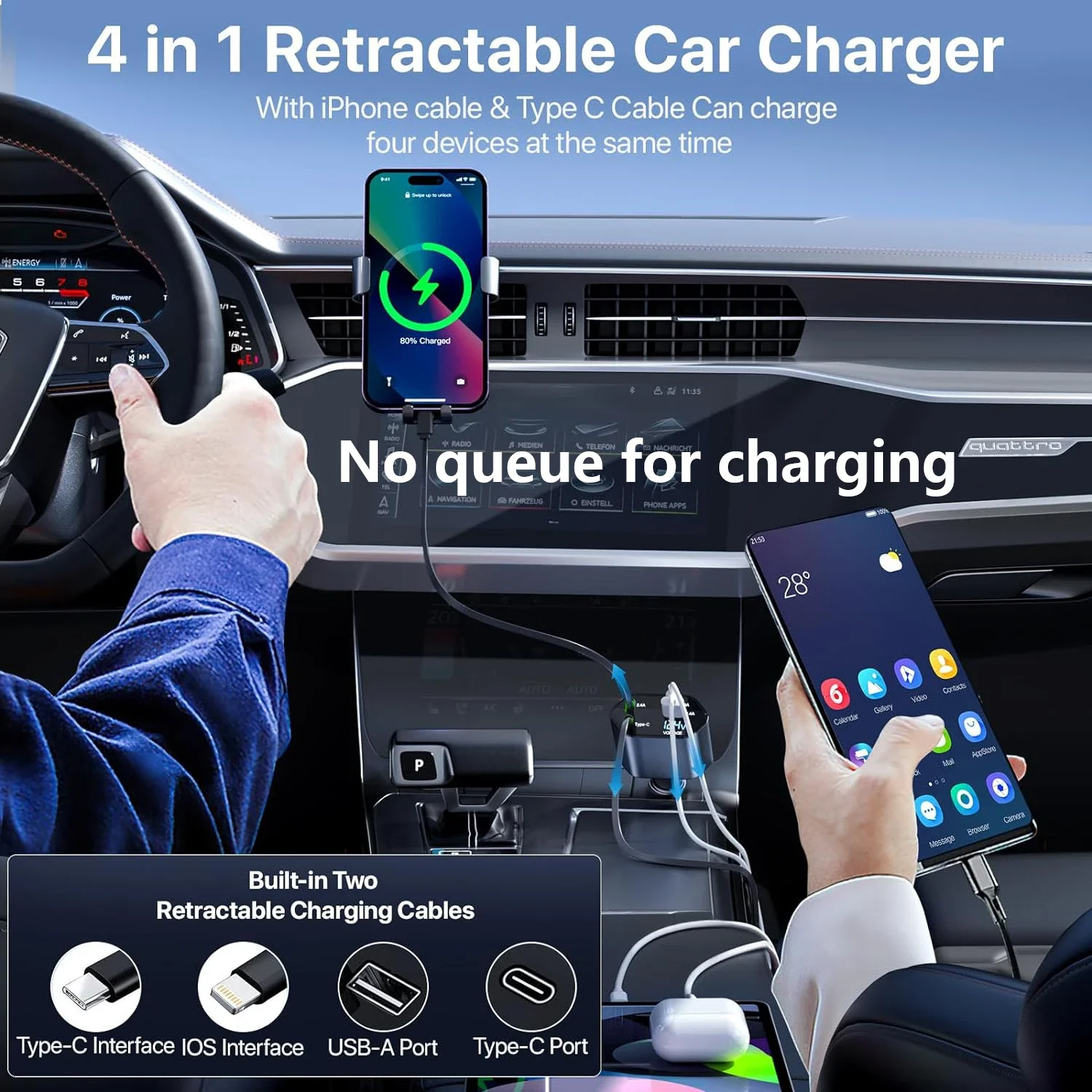 66W 접이식 차량용 충전기 고속 충전 4-in-1 USB C & USB A, PD&QC 차량용 휴대폰 충전기 (아이폰 6-17, 패드, 안드로이드 기기용)