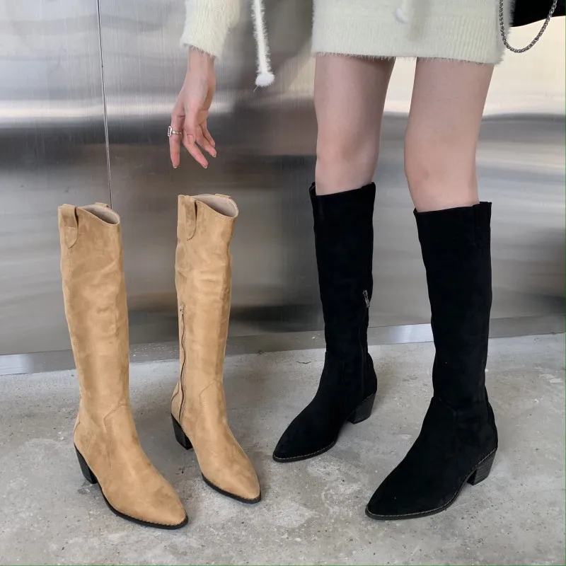 

Новые однотонные Модные женские ботинки с острым носком на толстом каблуке осень-зима Нескользящие износостойкие привлекательные элегантные длинные ботинки