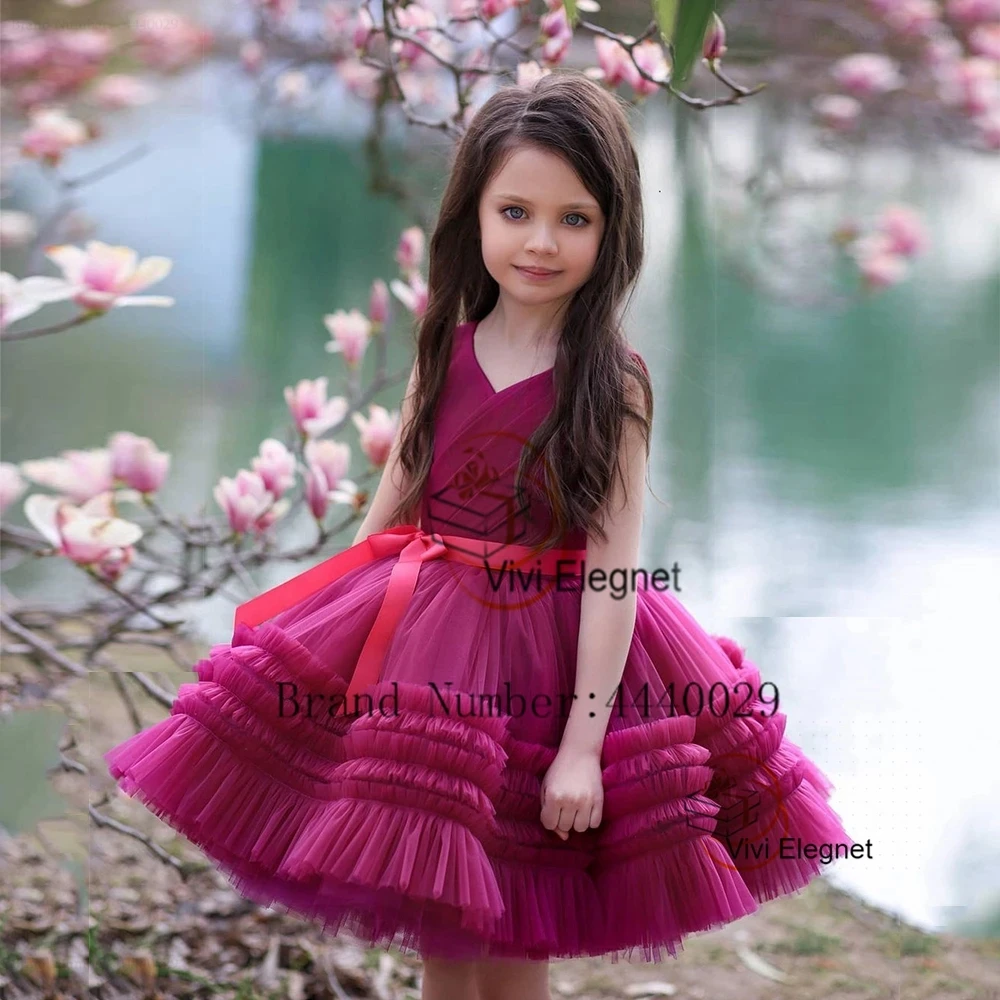 

Sleeveless Flower Girls Dresses for Kids 2024 Knee Length Soft Tulle Christmas Gowns with Red Belt Summer فلور فتاة اللباس