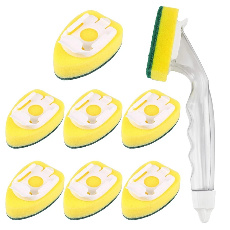 Description Picture 4 of itemSponge Soap Dispensing Dish Cleaning Brush Set With 1 Dish Washing Handle 2 Sponge Replacement Head Kitchen Sink Scrubber Tool