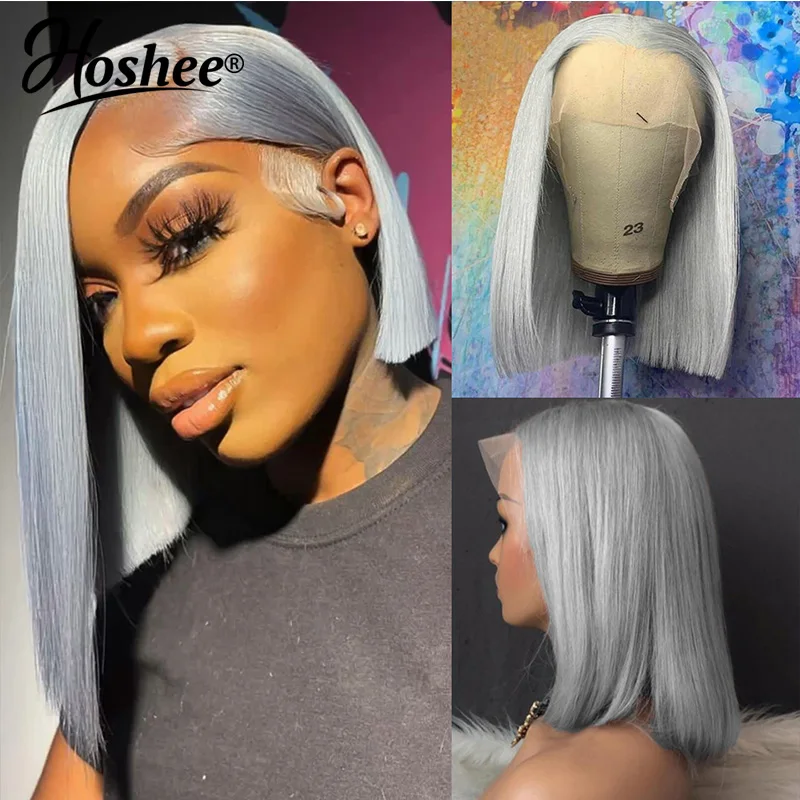 Mint Green Grey Colored Short Bob Pixie Cut 13X4 HD Lace Front Wig Brazilian Remy Human Hair Preplucked Transparent Frontal Wigs