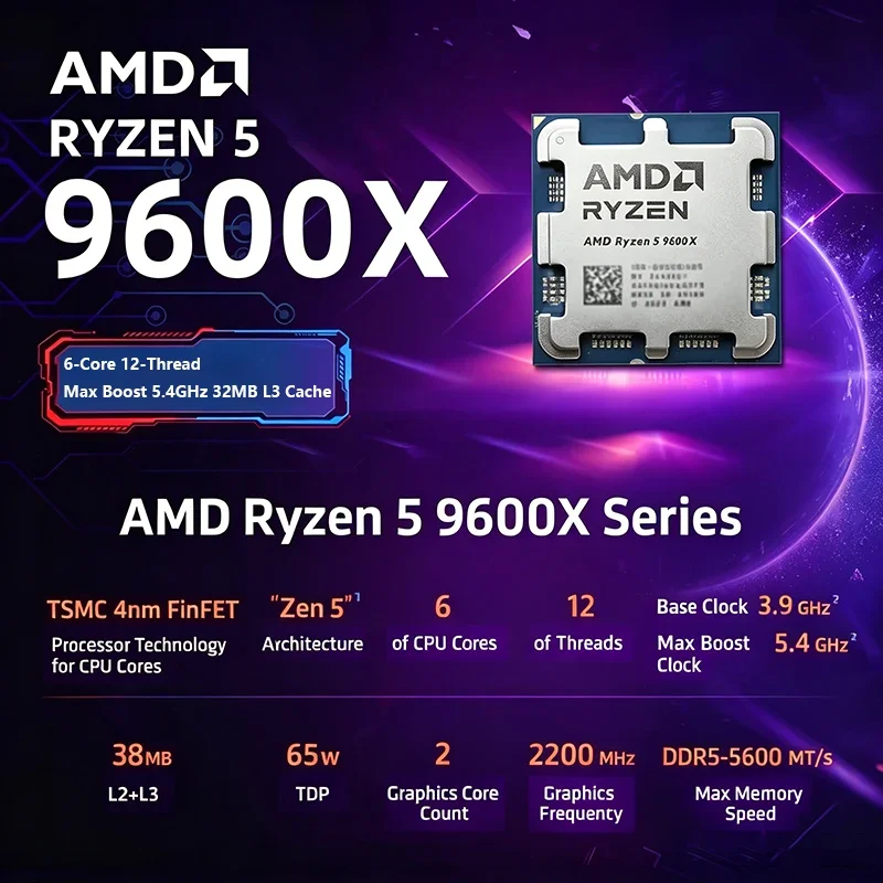 AMD 라이젠 5 9600X CPU 6코어 12스레드 32MB L3 캐시 최대 5.4G..