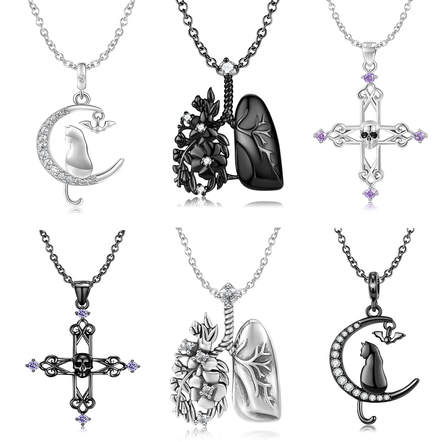 925 Sterling Silver Moon Cat Cross Lung Black White Skull Gift Pendant Necklace Fine Jewelry Necklace Chains Accessories
