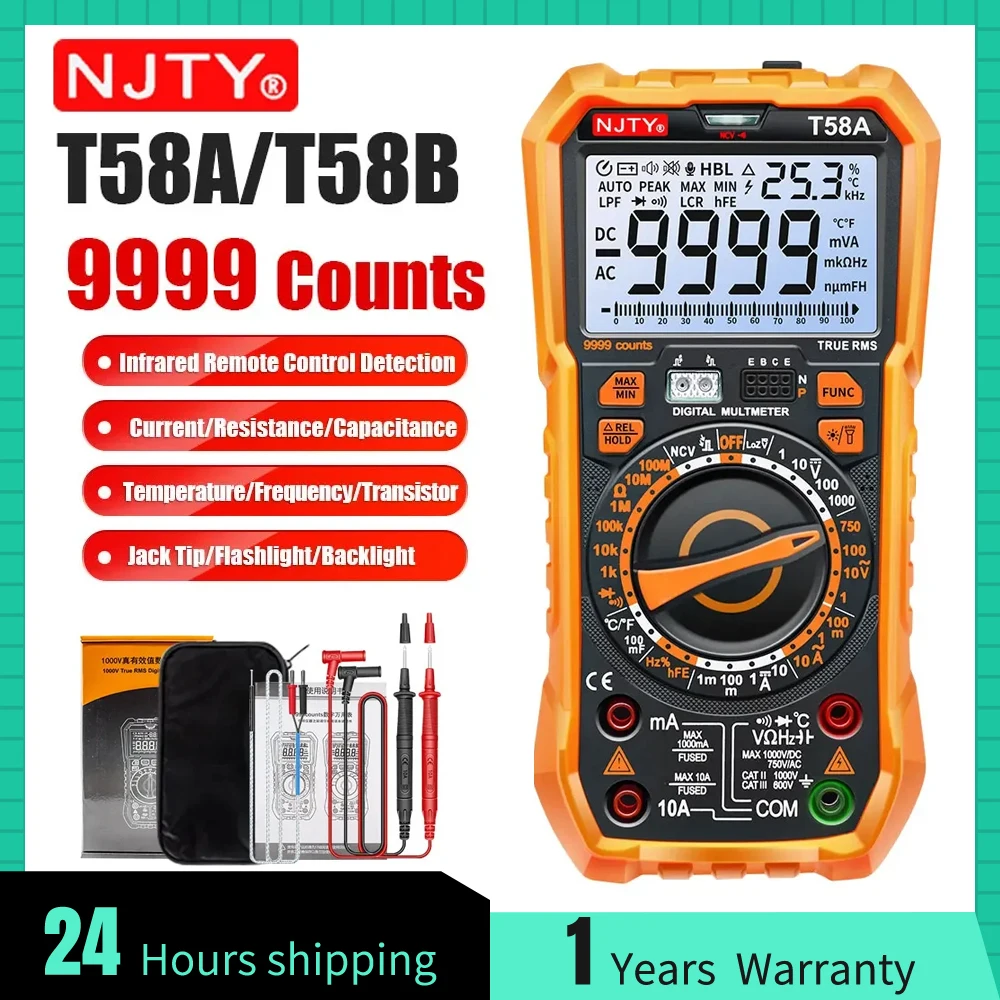 NJTY T58A/T58B NCV 디지털 멀티미터 9999 카운트 자동 범위 AC/DC 전압계 대형 스크린 백라이트 손전등 멀티미터 테스터