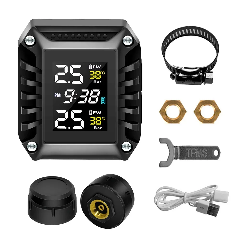 Wireless Motorcycle TPMS 2 External Sensors Motorbike Tire Pressure Monitoring Tyre Temperature Alarm System with Time Display
