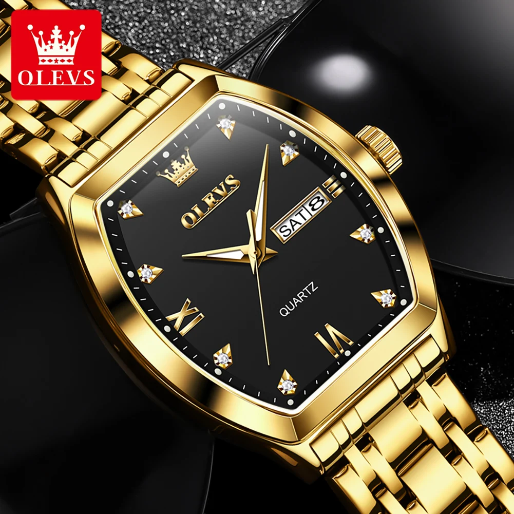 OLEVS Mens Watches Top Brand Luxury Gold Tonneau Dial Quartz Watch Men Stainless Steel Waterproof Wristwatches Relogio Masculino