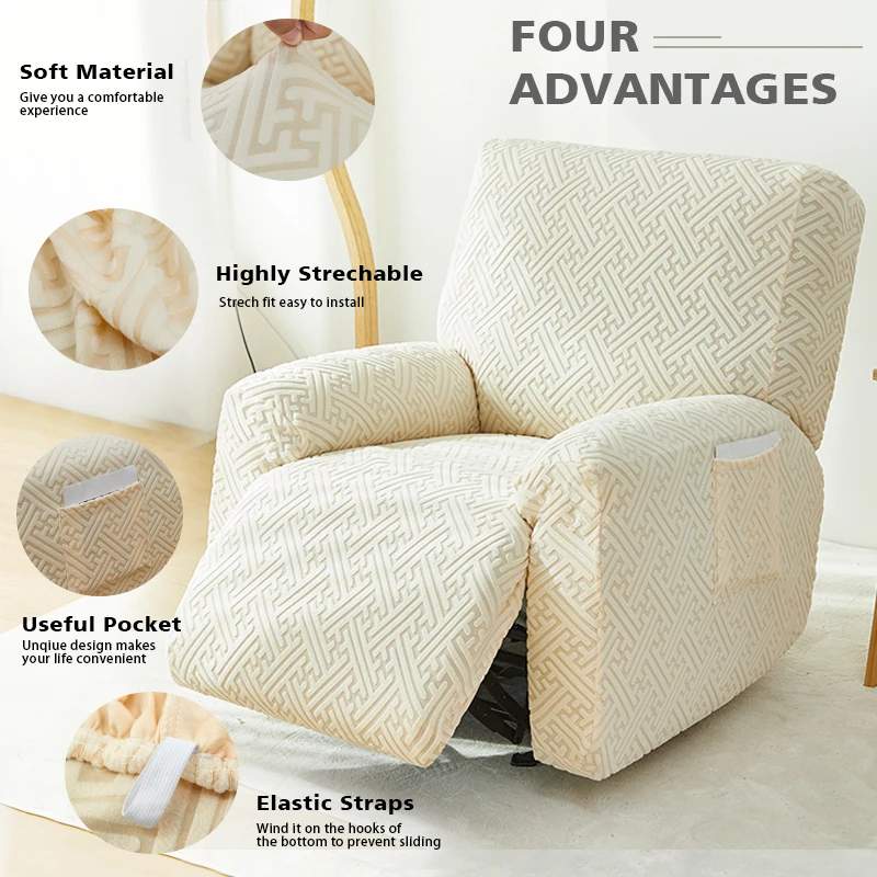 Thicken Recliner Sofa Cover Stretch Jacquard Single Armchair Sofa Relax Functional Sofa Slipcover Non-Slip 4 Pieces/set 3