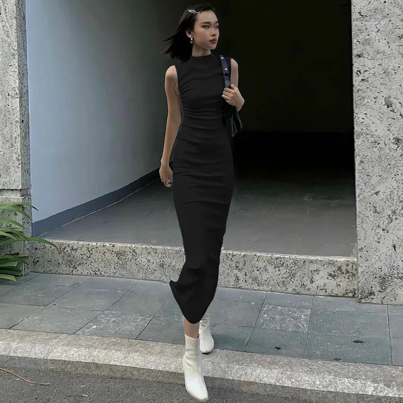 Vestido largo liso sin mangas para mujer, ajustado, con hombros descubiertos, elegante, ajustado, para fiesta, de verano