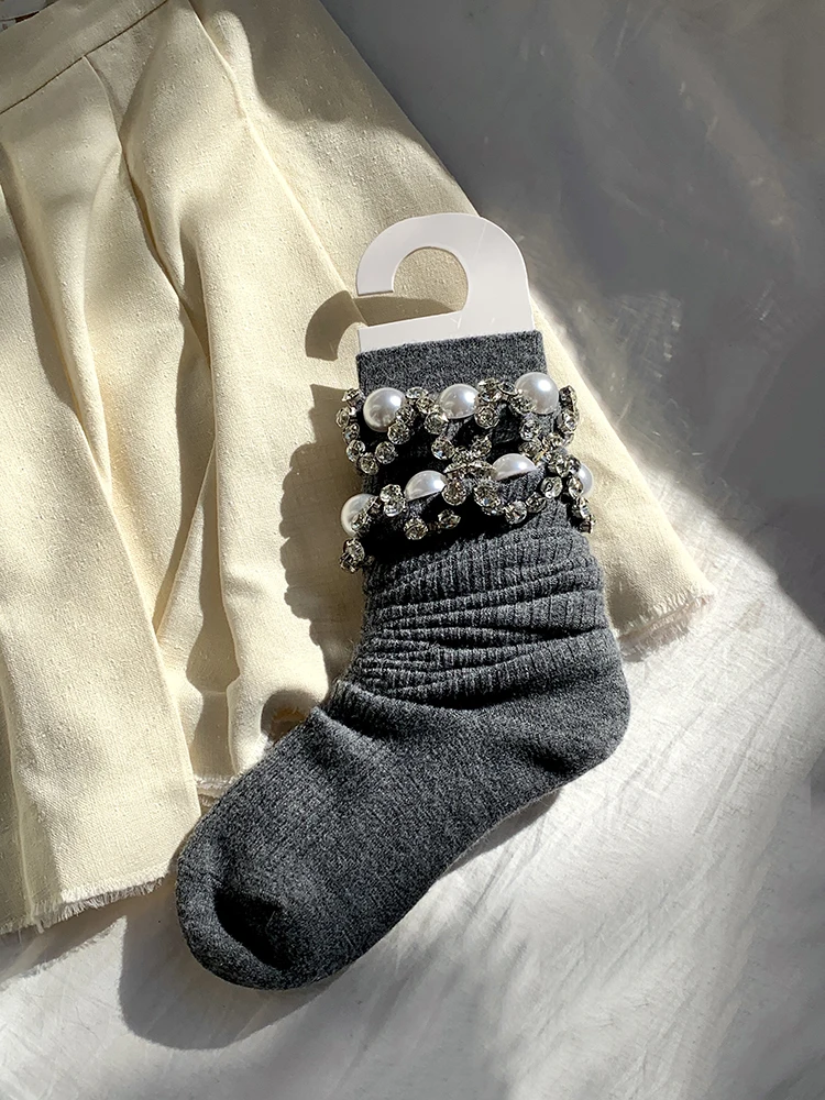 White Calf Socks Dongdaemun Stacked Socks Rhinestone Pearl Stockings Gray Bunching Tube Socks Girl Series Thigh High Stockings