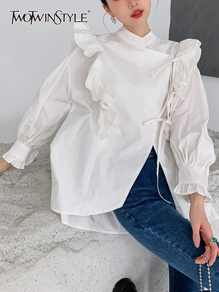 

TWOTWINSTYLE Solid Spliced Ruffles High Quality Shirts For Women Stand Collar Long Sleeves Loose Casual Shirt Female Fashion New