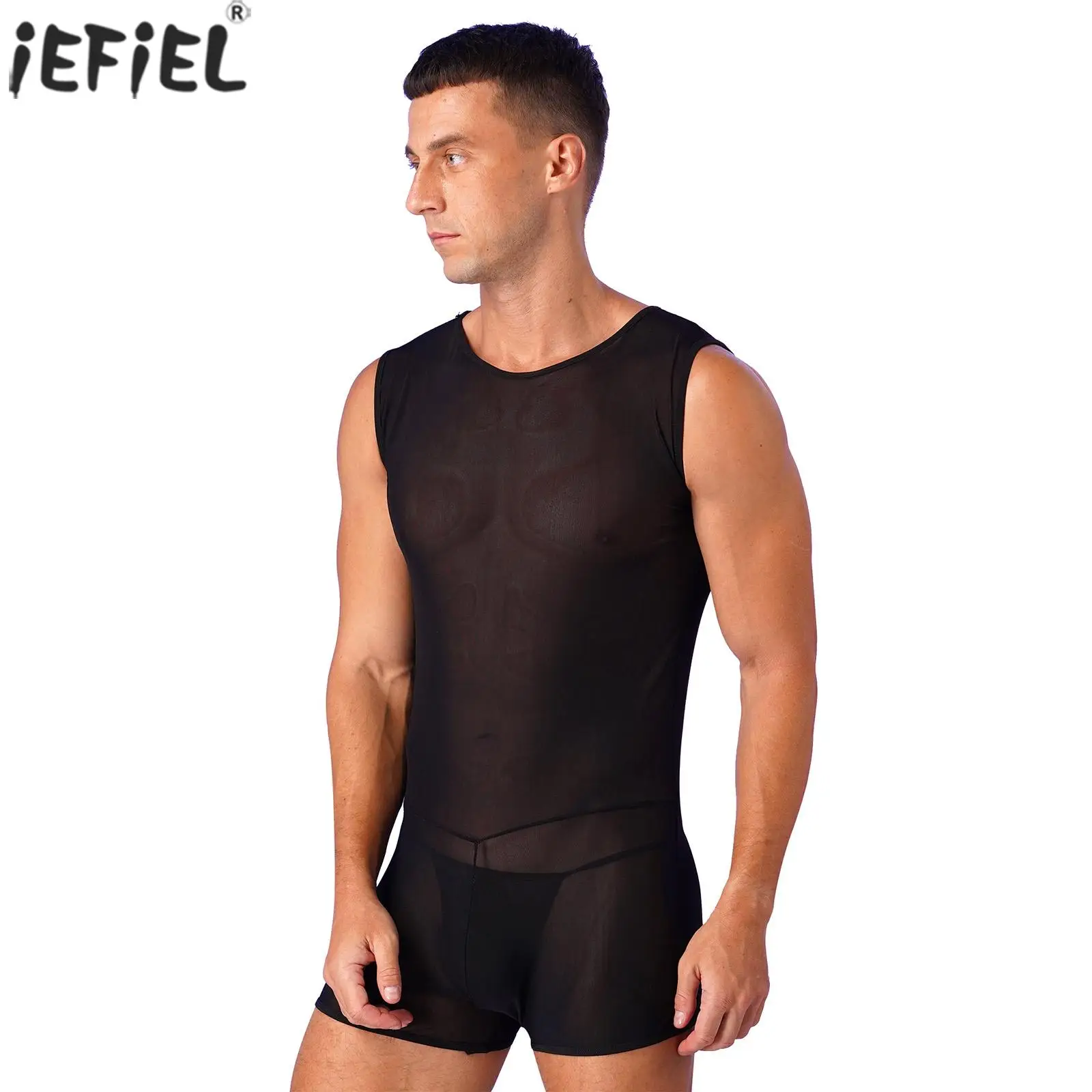 

Mens See-Through Mesh Bodysuit Underwear Sheer Thongs Sleeveless Shorts Singlet Bodysuit Muscle Showing Tempting Lingerie Suit