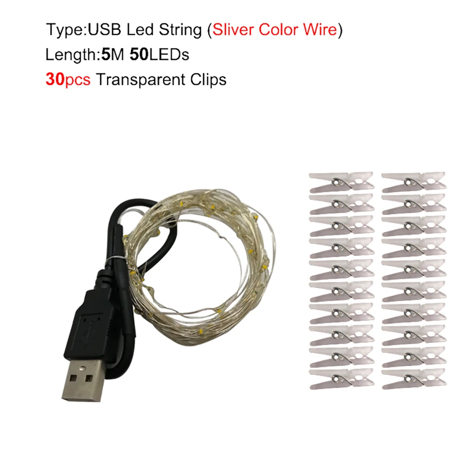 thumbnail image 1 of Guirnalda de luces LED con clip para fotos, USB/batería, 2 m, 5 m o 10 m, decoración navideña para el hogar, dormitorio, fiesta y vacaciones, 1 of 5