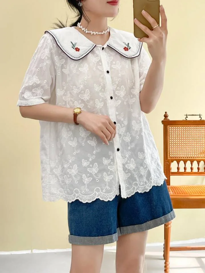 

Женская винтажная рубашка с коротким рукавом, белая рубашка в стиле девушки Мори с вышивкой Питера Пэна и бабочкой, летняя одежда в японском стиле