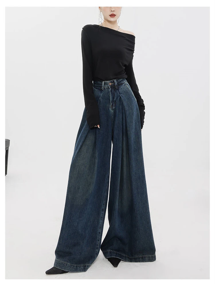 

Women's Loose Wide Leg A-line Jeans Young Girl Street Straight Bottoms Vintage Casual Trousers Female Baggy High Waisted Pants