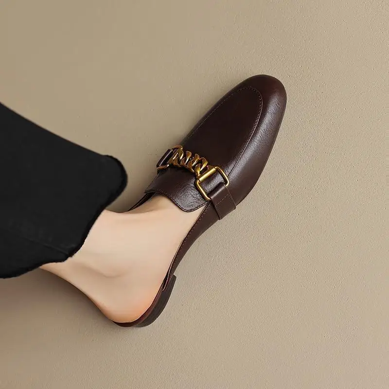 2024 Summer New Genuine Leather Baotou Muller Shoes Half Slippers Women's Flat Bottom Casual Single Shoes