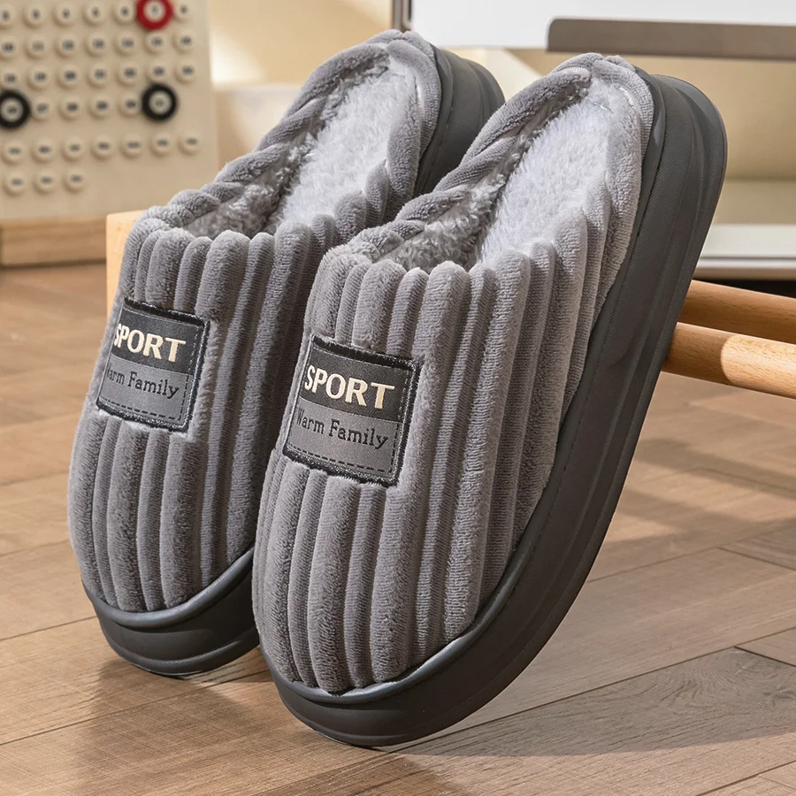 Pmoiste Soft Flannel House Slippers Men Strip Upper Designer Warm Cushion Memory Foam Living Room Shoes Slip-on Winter Indoor