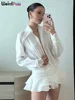Weird Puss See-Through Tierred Dress Woman Summer Solid Turn-Down Collar Shirt Ruffles Chic Long-Sleeve Chiffon Party Bodycon 1