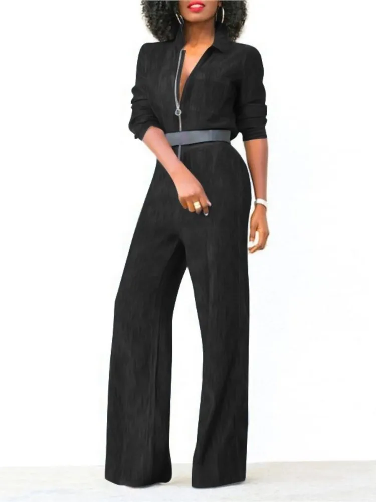 Fashion V Neck Long Sleeve Jumpsuit Women's Spring Autumn Casual Zipper Denim Jumpsuit Elegant Solid Female Office Jumpsuits