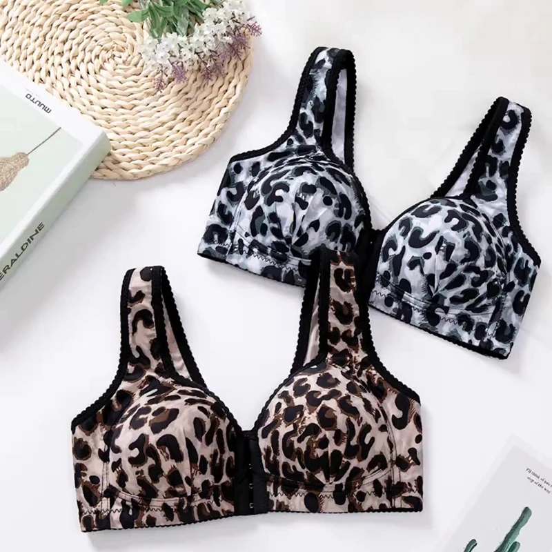 

Women Large Size Bralette Leopard Print Bra Thin Front Buckle Wire Free Comfortable and Sexy Gathering Lingerie