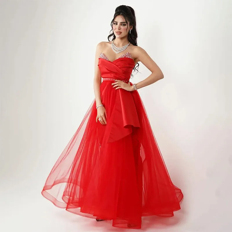 

Classy Long A-Line Tulle Red Evening Dresses V-Neck Floor Length Prom Dresses Robe De Soiree Beaded Formal Party Gown for Women