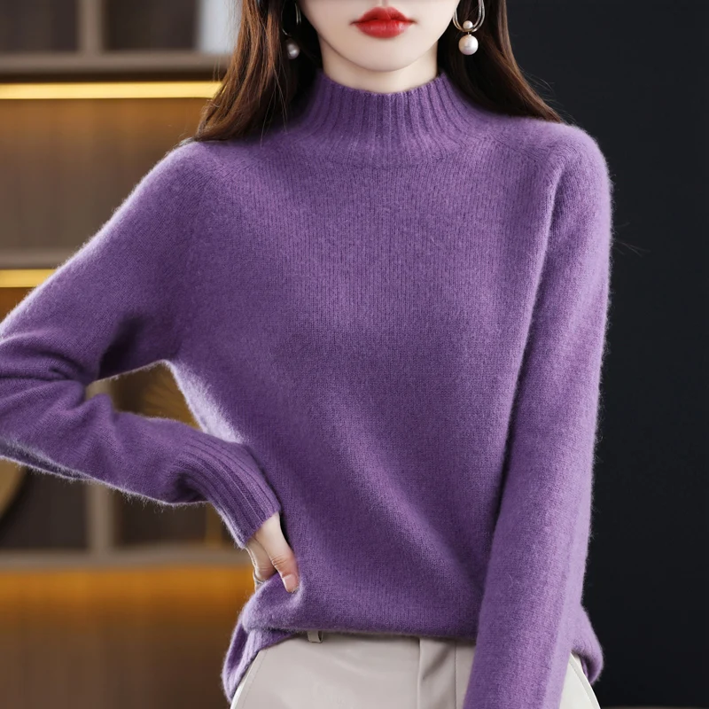 

2023 Autumn Winter Half Turtleneck Loose Solid Color Pullover 100% Wool Cashmere Thickened Sweater Women's Knitted Bottoming Top