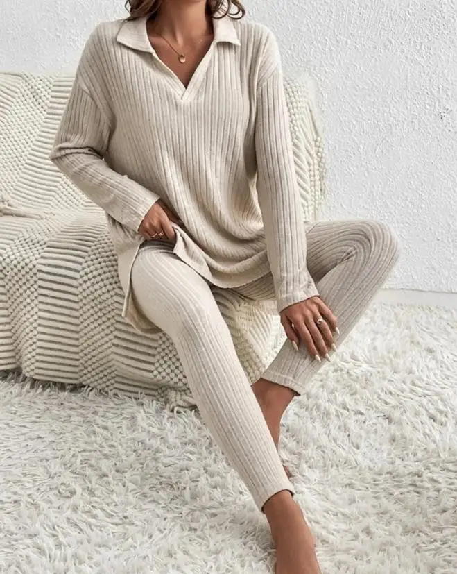 Long Sleeve Pullover Home 2023 New Hot Selling Fashion Women's Slim Fit Top High Waist Long Pants Set