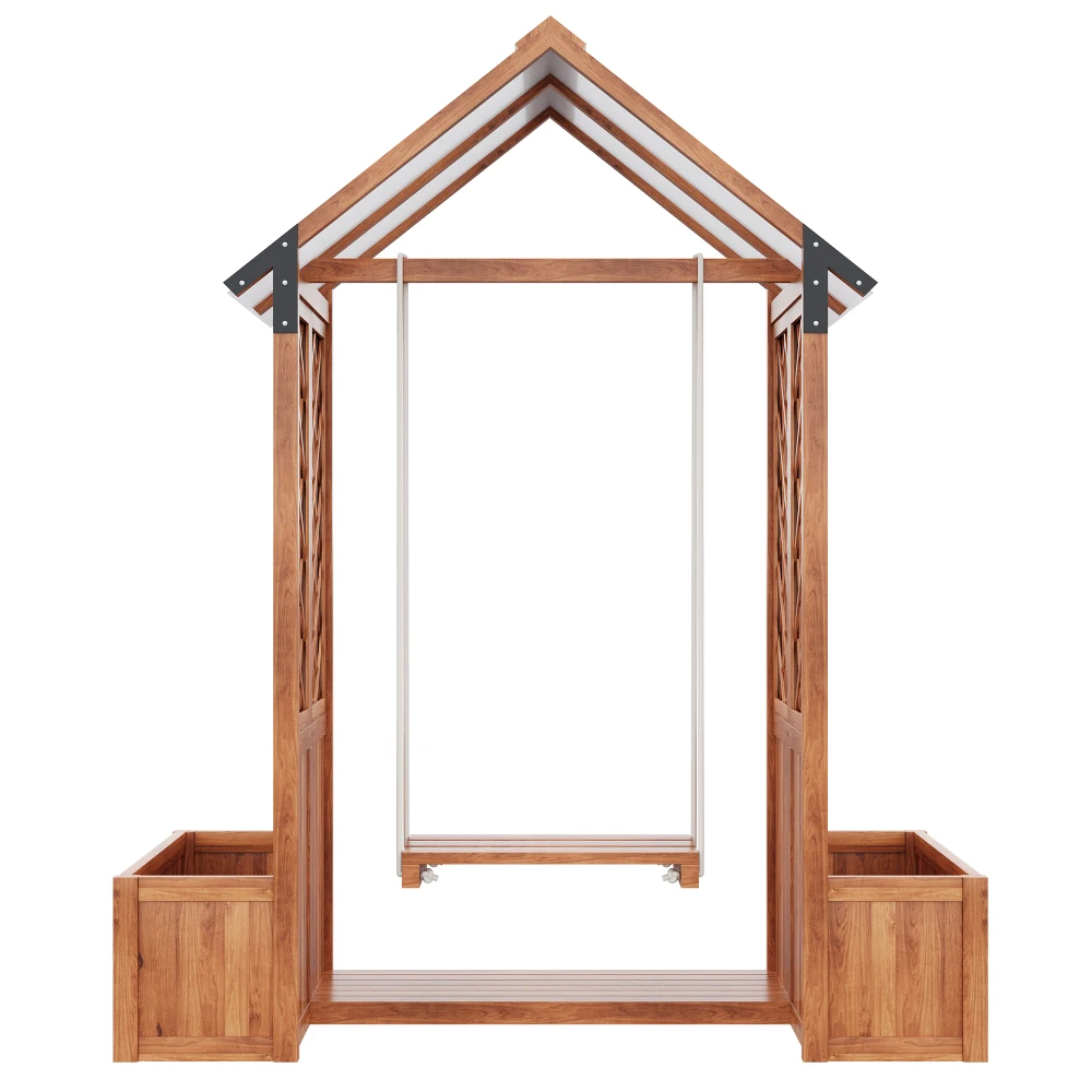 PINGGO Pflanzentopf-Schaukel für den Außenbereich mit Rankhilfe und Polycarbonat-Sonnenschutz, braunes laminiertes Holz für Terrasse und Rasen – Detail 11