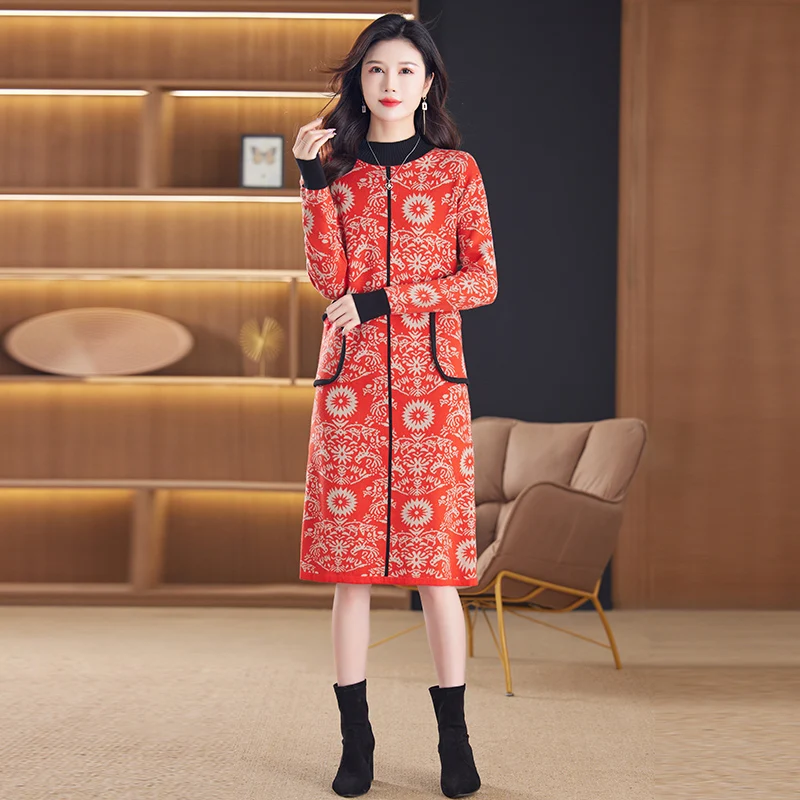 

2023 New Vintage Knitted Dress Women's Autumn And Winter Warm Fashion Half High Neck Loose Fit Leisure Travel Sweater Vestidos