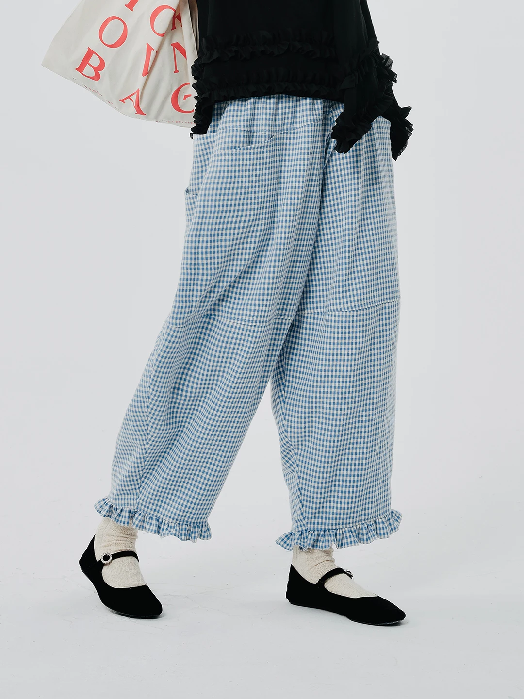 imakokoni 2024 spring new original pure cotton plaid lace carrot pants women's casual pants 244522 new 100% linen elastic waist loose tapered ninth pants casual carrot pants spring summer autumn ladies pants