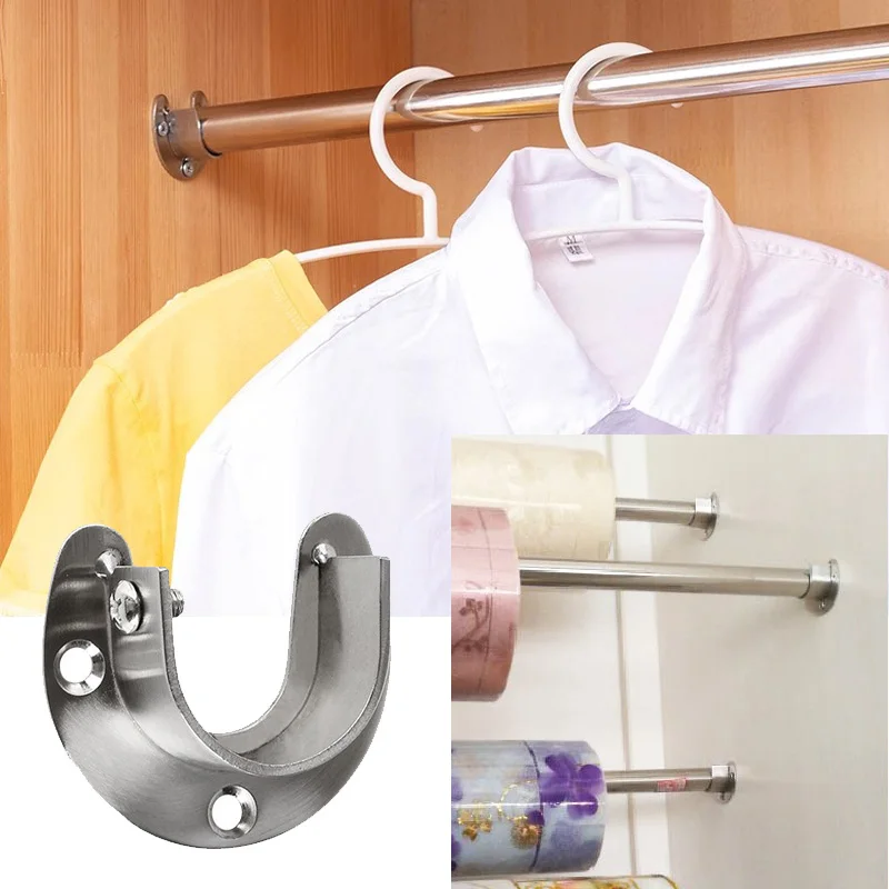 Flange Connector Wardrobe Bracket 304 Stainless Steel Flange Seat Wardrobe Hanger Rod Fixing Curtain Rod Tube Hook Fixed Support
