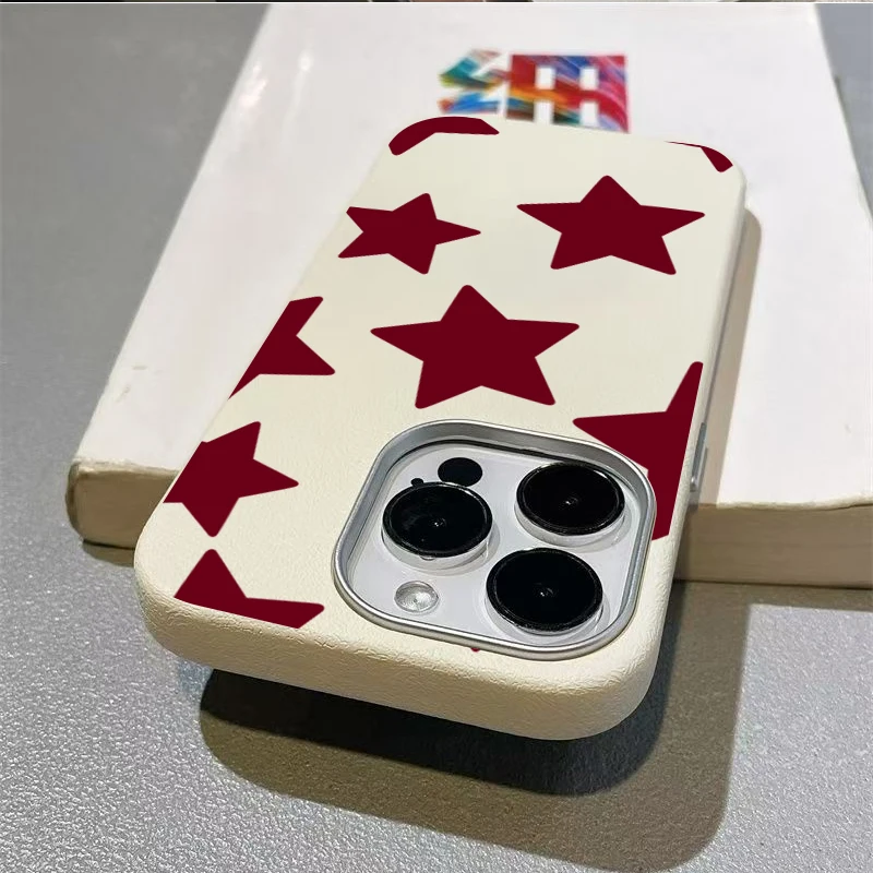 Red Stars Lychee Pattern Soft Phone Case Cover