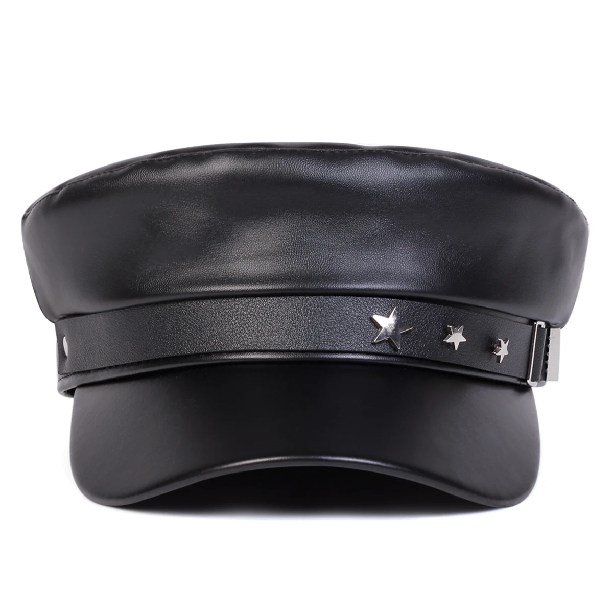 Unisex PU Leather Star Buckle Military Hats Flat Top Baseball Caps For Women Outdoor Sports Military Hats Cadet Sunscreen