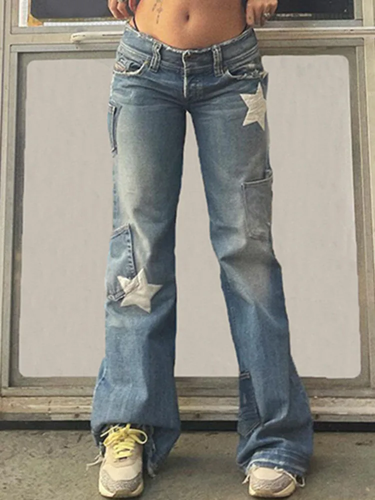 Y2K Low Waist Flared Jeans Women Vintage Star Print Pockets Trousers Ladies American Style Design Straight Denim Pants Fairycore