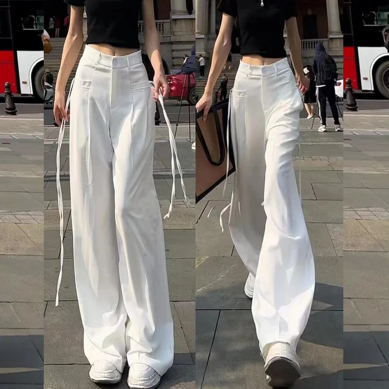 2023 Women Korean Ribbon Casual Streetwear Harajuku Y2K Wide Leg Suit Pants Female Solid Straight Trousers High Waist Pantalones