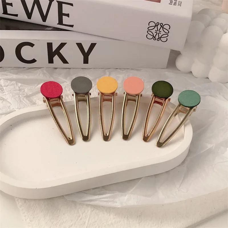 

Summer Small Cute Candy Color Wood Clip Hair Metal Circle Geometry Hairpin Side Clip Girl Duckbill Clip Bangs Accessories
