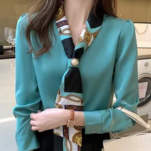 

Women's blouses elegant office fashion lady solid bow chiffon shirts women's clothing spring autumn long sleeve pullover top