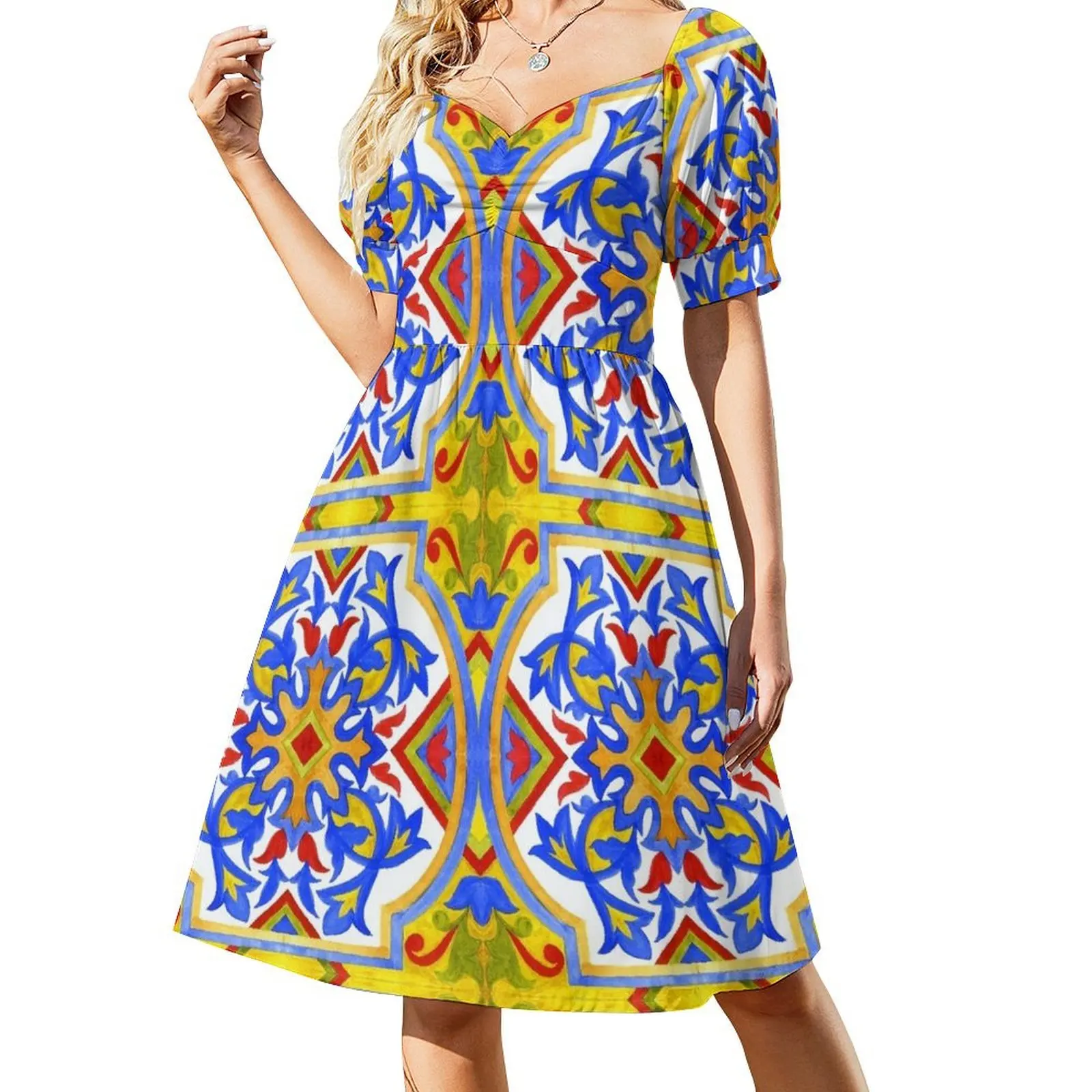 thumbnail image 1 of Azulejos portugueses. Vestido de verano de manga corta para mujer., 1 of 7