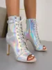 2024 Women Black High Heels Soft Peep Toe Boot Stilettos Jazz Dance Lady Shoes Latin Dancing Booties Big Size 5