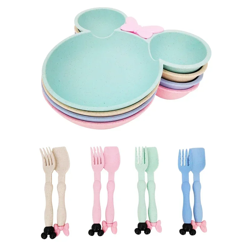 Baby Feeding Set 3pcs Wheat Straw Baby Cartoon Tableware Children's Dishes Kids Dinner Plates Bowl Spoon Fork