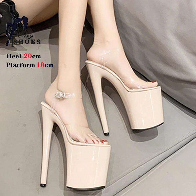 8Inch/20cm Crystal PVC upper Women's Platform Sandals Party High Heels Lady Shinny Beige Stripper Heeled Pole Dance Shoes 3