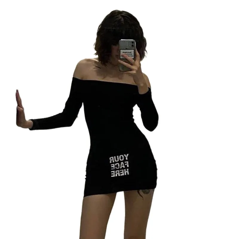 

European And American Women's Autumn New Letter Print One Shoulder Bra Slim Fit Buttocks Wrapped Style Dress