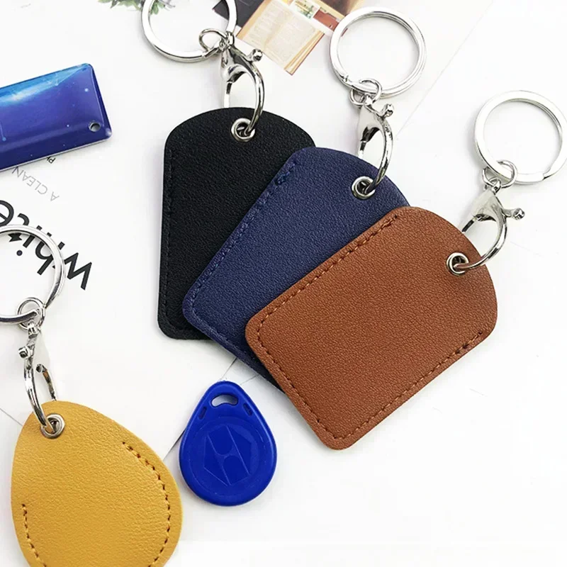 Leather Card Holder Keychain Key Ring Door Lock Access Tags ID Card Case Keychain Access Card Bag Key Tag Ring 2