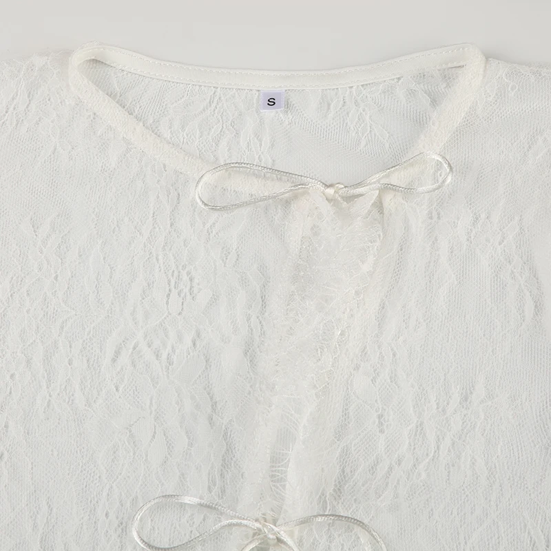 Abrigo fino de encaje transparente y sexy, de manga larga, a la moda, con cordones y cuello redondo, bonito cárdigan de calle para mujer