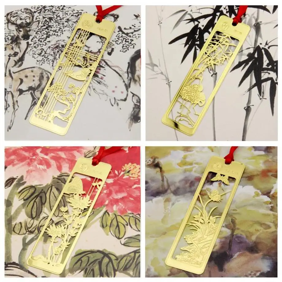 Chinese Style Creative Metal Bookmarks Classical Hollow Out Plum Orchid Bamboo Chrysanthemum Retro Exquisite Stationery Gifts